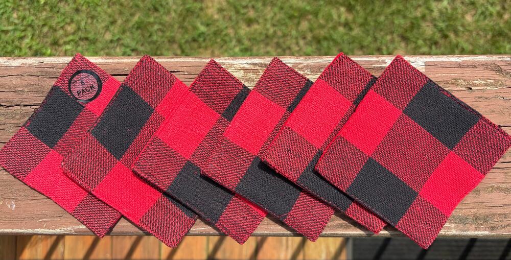 Buffalo Plaid Coasters Set of 6 Red Black Rustic Farmhouse Holiday 4" NEW
